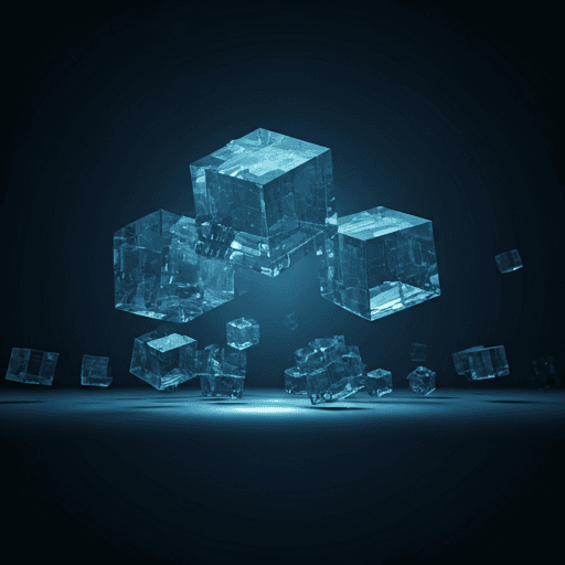 Abstract 3D architectural visualization of floating translucent glass cubes representing interconnected data nodes in deep navy and sky blue lighting