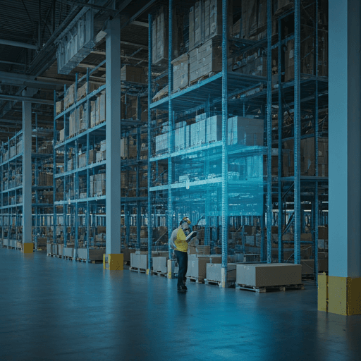 Modern warehouse management dashboard showing inventory levels, order fulfillment, and supply chain analytics