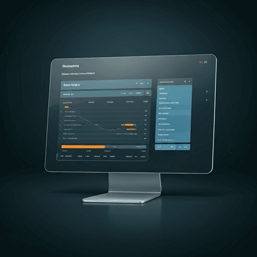 A high-fidelity 3D visualization of a sleek enterprise eCommerce dashboard showing real-time Shopify sales data syncing with Odoo ERP modules. The UI is clean, modern, and professional, featuring vibrant blue and orange data visualizations against a dark, slate-blue glassmorphism background. Soft atmospheric lighting highlights the connection between digital commerce and operational efficiency.