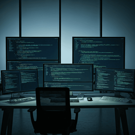 Modern high-tech workspace with multiple screens displaying complex code and data visualizations in a bright enterprise setting