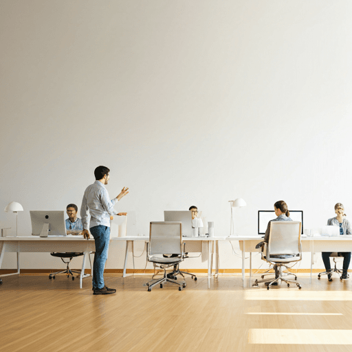 Modern tech office with people collaborating at computers