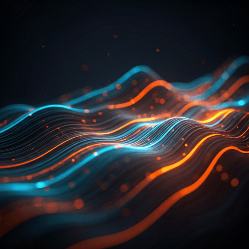 A sophisticated dark-themed abstract digital landscape featuring flowing glowing data streams in electric blue and vibrant orange.