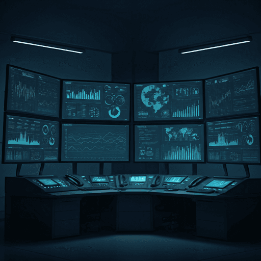 A high-tech control center with multiple large monitors displaying complex data visualizations and financial charts. The room is dark with deep navy blue ambient lighting, reflecting an enterprise-grade technical environment. Soft bokeh highlights from glowing hardware create a sense of depth and operational efficiency in a modern corporate setting.