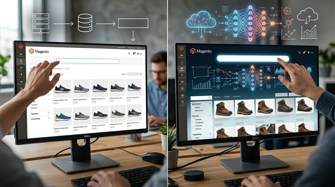 Comparison between AI-powered search and traditional search in Magento showing differences in speed, relevance, personalization, and user experience in modern eCommerce platforms