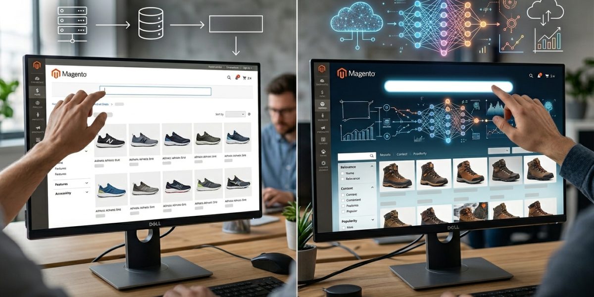 Comparison between AI-powered search and traditional search in Magento showing differences in speed, relevance, personalization, and user experience in modern eCommerce platforms